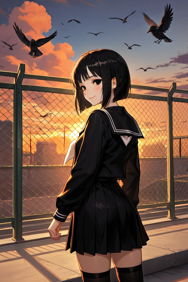 (masterpiece, Best Quality, great quality in the midst of intensity, very aesthetic, Hi-Res, ultra detailed, 4K), (school rooftop, evening, Sunset, dusk, after school, Fence in the background, concrete floor, flock of crows in the background, A crow is per...