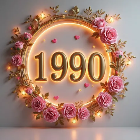 A captivating 3D render of an extraordinary wall art masterpiece titled "1990 ". The name stands out in bold, glowing glossy black and purplish-golden lettering, exuding elegance and sophistication. The letters are radiant, drawing attention to the stunnin...