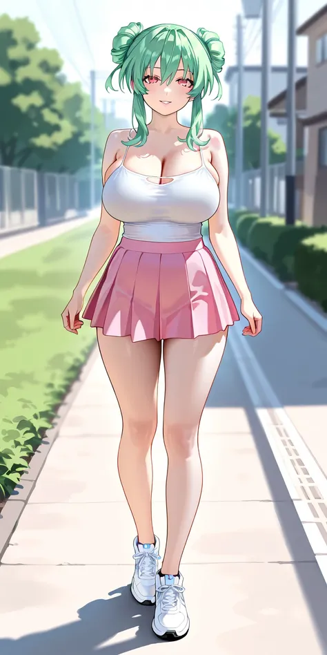 Masterpiece, newest, vibrant, very aesthetic, high contrast, mature woman, michiru kaioh\(neptune\), green hair, bun hair, white color spaghetti strap top, pink color pleated mini skirt, white sneakers, big breast, full body, parted lips, smile, on the pat...