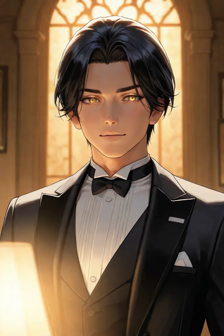 male、 black hair、Butler、handsome、Tall Length