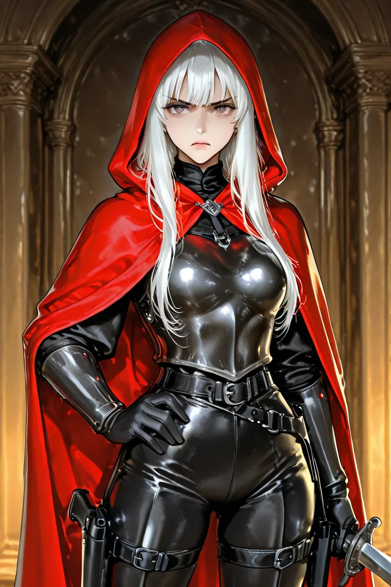 Little Red Riding Hood grew up，Became a witch hunter， short white hair， Sexy figure，Royal sister，High Cold，close-fitting leather armor，Double gun， Longsword ，Props，Leather pants