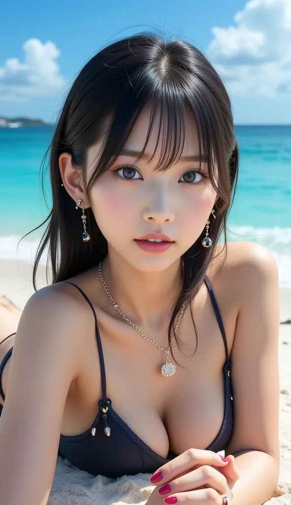 real image like the picture、８ｋ、I'm lying on the beach wearing a 、background、 Okinawa、Narrow eyes、A woman with an innocent expression that leaves the vibe of a girl、 black hair、straight hair、 blue eyeshadow、Cheek、lipstick、mascara、eyebrow、swimsuit、Full Body ...