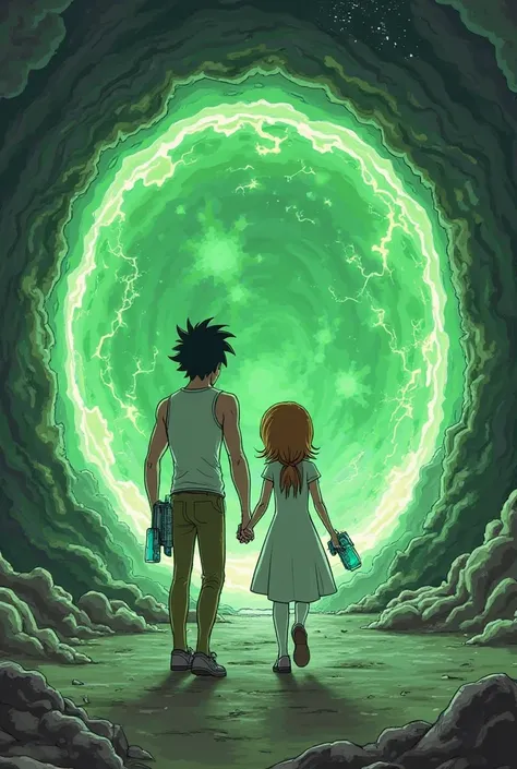 A romantic couple like Rick and Morty, are on a planet leaving the green portal, the man is muscular,  Her skin is light brown , their hair is black and Chinese,  the girl is white-skinned,  He has light brown hair . Both hold hands as they leave the porta...