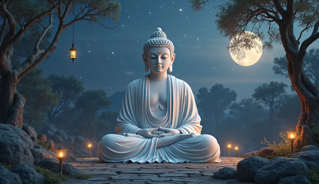 A large white Buddha statue sits in meditation, calm and still, amidst the moonlight, starlight and the light of a hanging lamp.