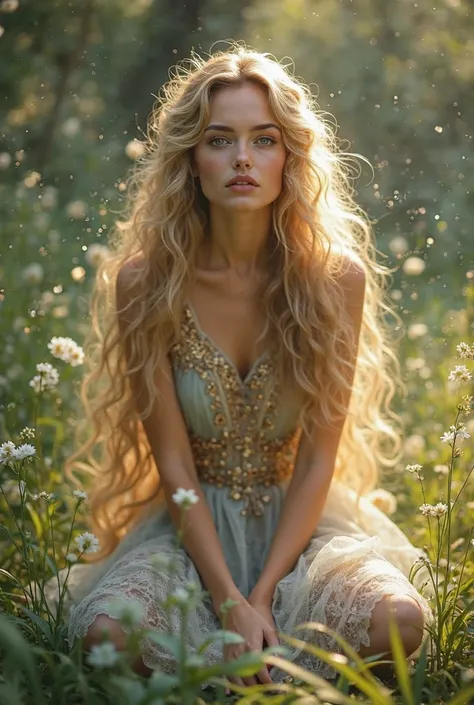 A blonde realistic woman model with extremely long wavy hair  dresses as a fairy sitting on the grass theres pixie dust in the air. 