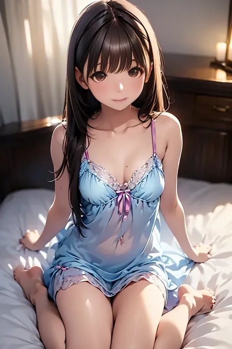  Top Quality,  masterpiece, ( medium :1.3), alone,  from above, throw,  bare feet, (( sit on the bed :1.3)), ((bedroom:1.3)), (( watching viewers))), ( sexy nightgown),Gaoling loves flowers ,   long hair,黒hair,  brown eyes,  by,  hair,  perfect ratio,(slee...