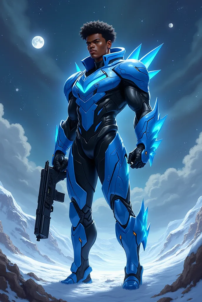  superhero suit with blue sci fi patterns, with black undersuit, , full body, blizzard,  standing on spaceship staring at night sky, planets and moons and nebula in sky,, Super Detailed, wide shot, dark-skinned male  , gauntle energy  shield,  holding  ass...