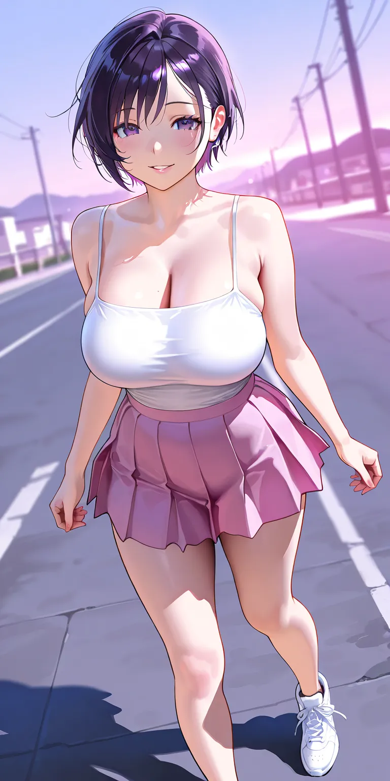 Masterpiece, newest, vibrant, very aesthetic, high contrast, mature woman, hotaru tomoe\(saturn\), black purple hair, short hair, white color spaghetti strap top, pink color pleated mini skirt, white sneakers, big breast, full body, parted lips, smile, on ...