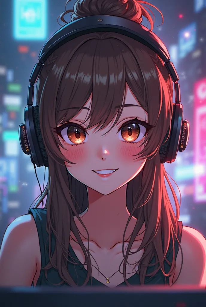 Anime Gamer Girl,  long brown hair tied up , NO FRINGE, with razer kraken edition headphones,  dark brown eyes, Front face with gamer background,  smiling