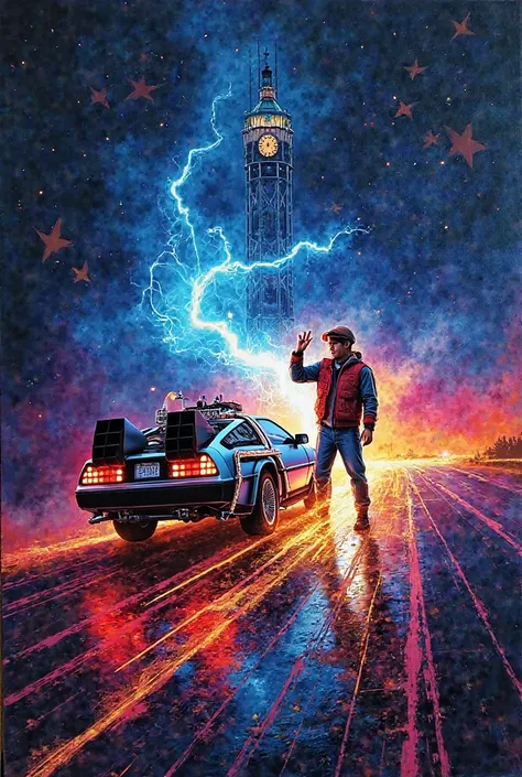 	. “'Back to the Future' poster reinterpreted in Neon Relief Surreal style. The background is a vibrant watercolor gradient, that merges dark tones with bright neons (electric blue, fuchsia and orange ). The Delorean , , the Clock Tower and the figure of M...