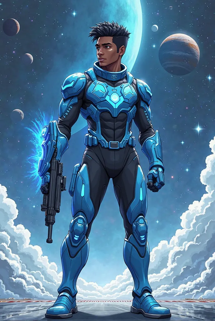  superhero suit with blue sci fi patterns, with black undersuit, , full body, blizzard,  standing on spaceship staring at night sky, planets and moons and nebula in sky,, Super Detailed, wide shot, dark-skinned male  , gauntle energy  shield,  holding  ass...