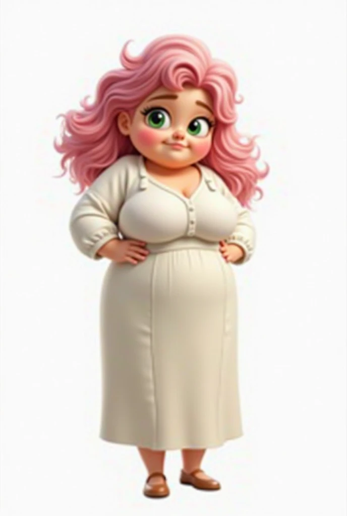 Create a cartoon character with big eyes, with white background. 
Slightly chubby woman,  with a small waist and large hips , with little bust, skin color white, green and brown eyes, pink curly hair, with a long fitted skirt and long sleeve blouse. 