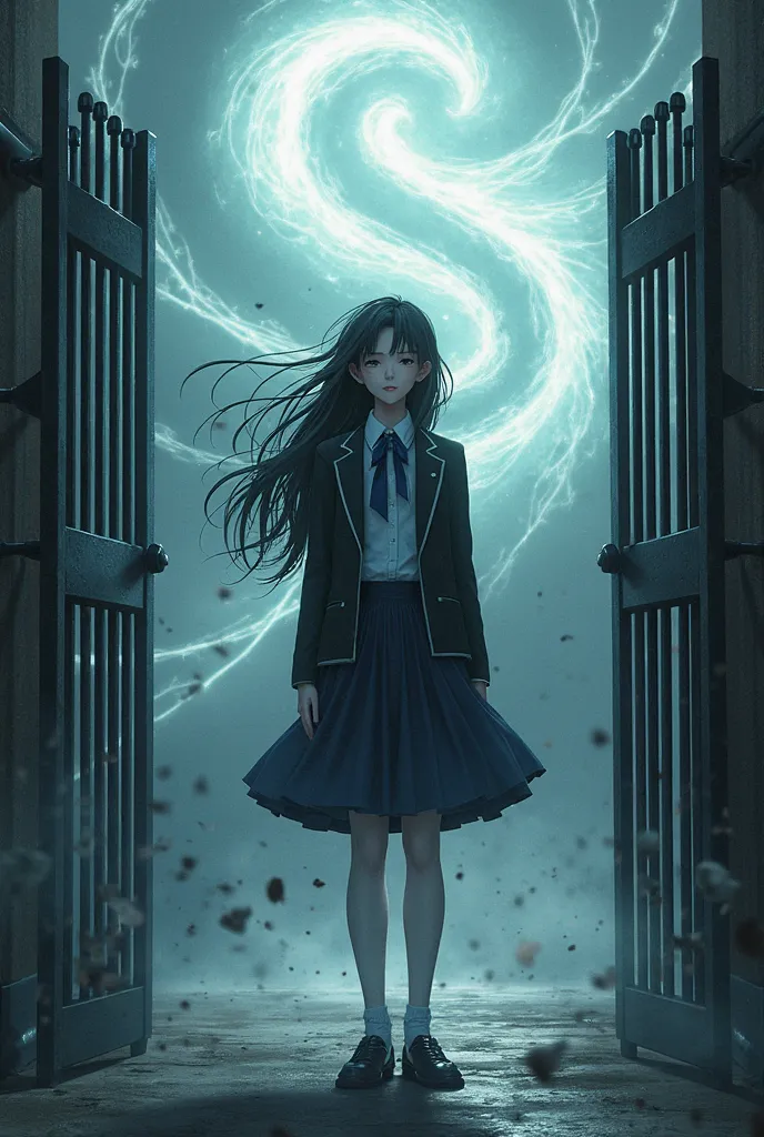 a mysterious transfer student, standing in front of the school gate, the vortex of wind is clinging to one, eyes closed, smiling slightly, enigmatic scene,