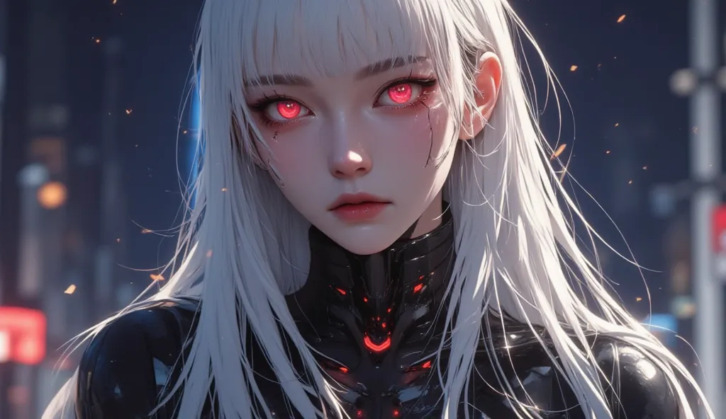 AI woman with matte black and white cyberbody, with red glowing details, very tall, with thick thighs, wide hips, long legs, and a slender waist. Dark red glowing eyes, Very long flowing white hair with straight bangs. A predatory look, Clean face. Nothing...