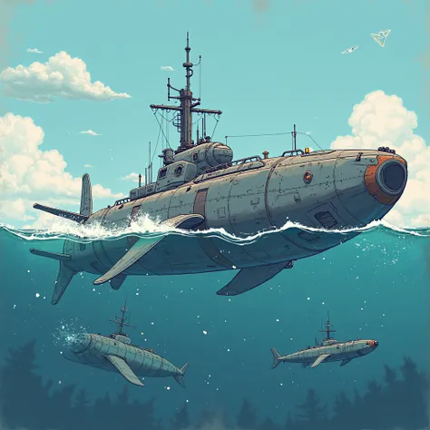 steel whale，navigation+dual-use diving vehicle，American cartoon style，similar games such as loading torpedoes and small submarines - tribal style，Be full of technological and sci-fi elements，装载鱼雷和小型潜艇等