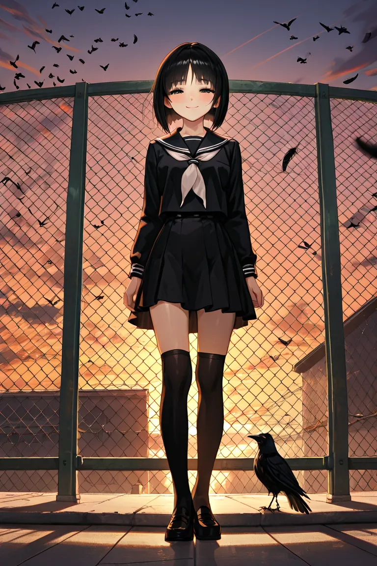 (masterpiece, Best Quality, great quality in the midst of intensity, very aesthetic, Hi-Res, ultra detailed, 4K), (school rooftop, evening, Sunset, dusk, after school, Fence in the background, concrete floor, flock of crows in the background, A crow is sta...