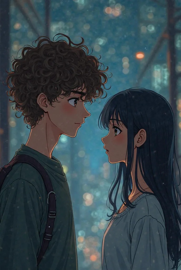 Anime type Picture of a curly haired guy secretly admiring a girl 
from from afar, the girl has straight black hair, white in, petite, make the scenario like they are forbidden to be together 