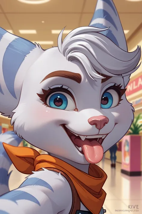 furry Rivet, from Ratchet and Clank Rift Apart, female, pink nose, silver fur, lombax, smirking expression, grinning, attractive, cartoon, toony style, detailed fur, close-up of their open mouth, close-up face, long pink tongue hanging out of their mouth, ...