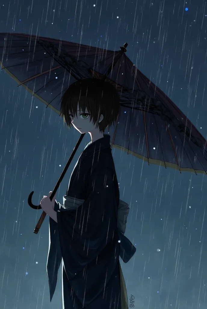 A young boy with short black hair, wearing a black boy's kimono and geta, holding an umbrella, standing in the rain, facing sideways. Behind him is a night without stars, no moon, no light shining down.