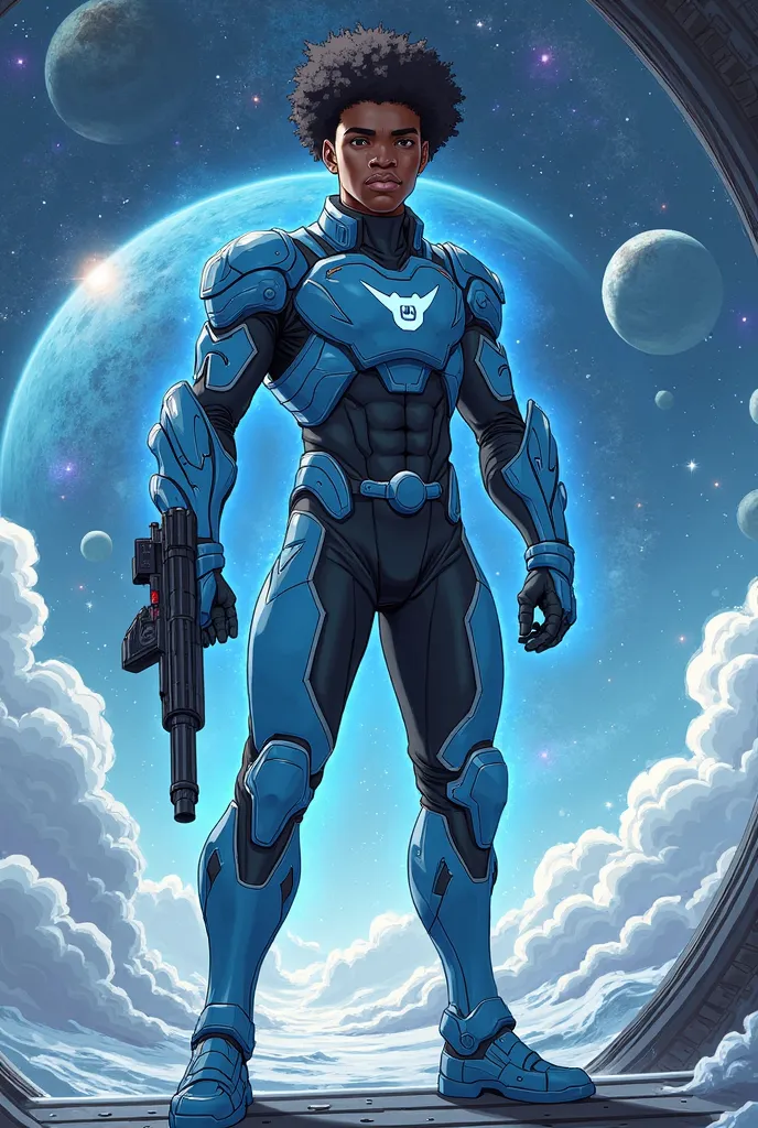  superhero suit with blue sci fi patterns, with black undersuit, , full body, blizzard,  standing on spaceship staring at night sky, planets and moons and nebula in sky,, Super Detailed, wide shot, dark-skinned male  , gauntle energy  shield,  holding  ass...