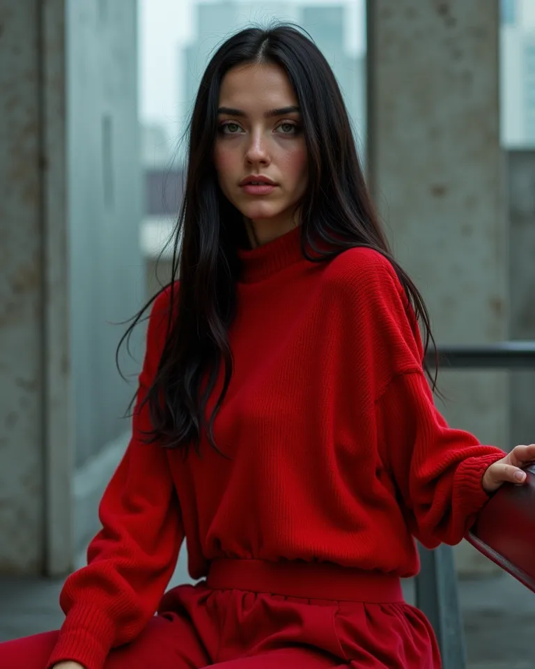 An essay creative and fashionable photography that combines sophistication, modernity and daring. the model, a young woman with a deep and captivating look, vibrant green eyes and long, smooth black hair, assumes different expressive poses in a minimalist ...