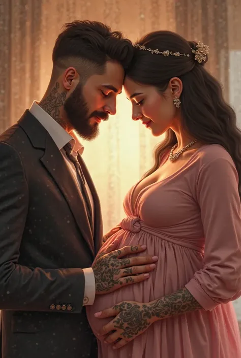  half body, Man touching his wife's pregnancy. Man in a suit with tattooed hands. Woman dressed in pink, Delicate hands next to your man's. realism 