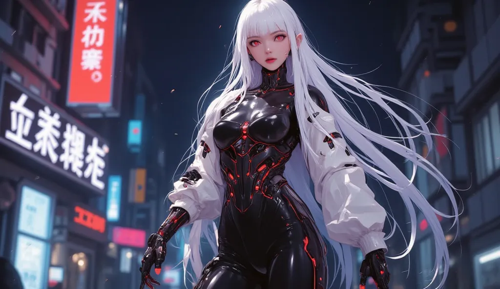 AI woman with matte black and white cyberbody, with red glowing details, very tall, with thick thighs, wide hips, long legs, and a slender waist. Dark red glowing eyes, Very long flowing white hair with straight bangs. A predatory look, Clean face. Nothing...