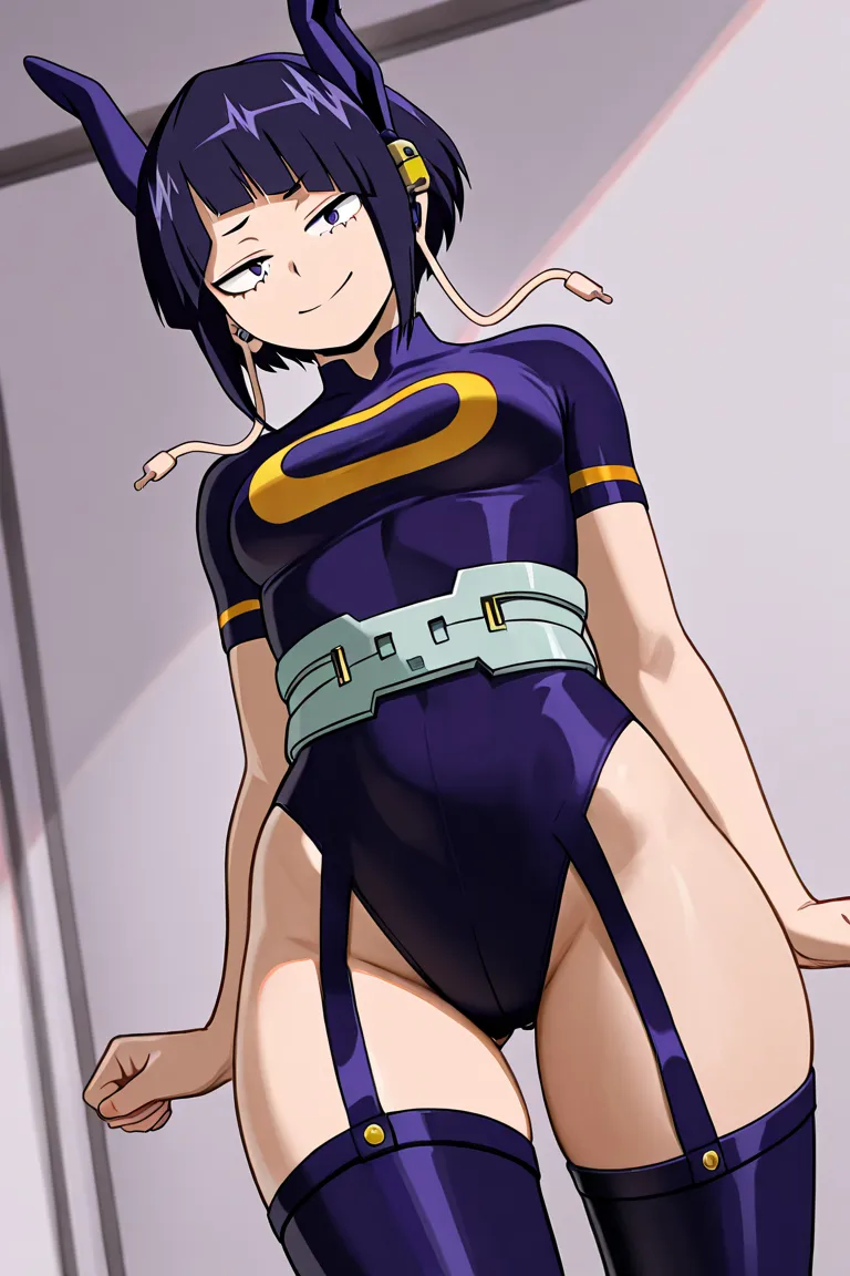 1 girl, kyoka jirou (my hero academia), short hair, purple hair, purple eyes, jack connectors (in the ears), hero outfit, sensual pose, seductive pose, arms at the sides, fists on the waist, smug smile, sarcastic smile,jirou kyouka, short hair, purple hair...