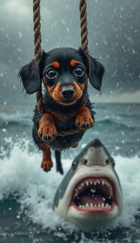 "A dramatic and surreal scene featuring a small dachshund puppy with short black and brown fur, droopy ears and large, expressive eyes. The pup is drenched, with wet fur sticking to his body, and drops of water dripping from him. It securely holds a thick ...