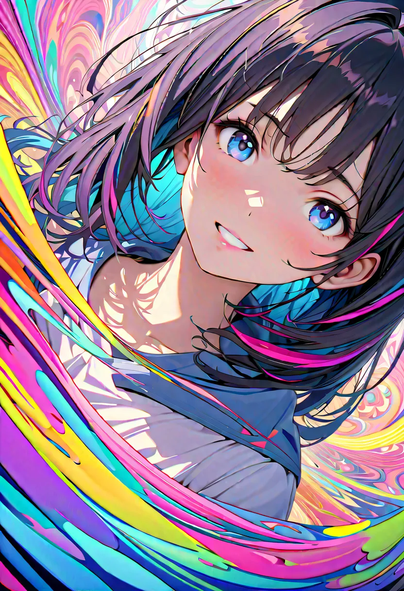 (masterpiece, Best Quality, official art:1.2), (colorful), perfect anatomy, and stare at the audience,one girl, alone, white black, floating colorful water, Ultra Precise Illustration,  High Details , Dynamic Angle,  beautiful detailed , 8k, 壊す smiling ami...