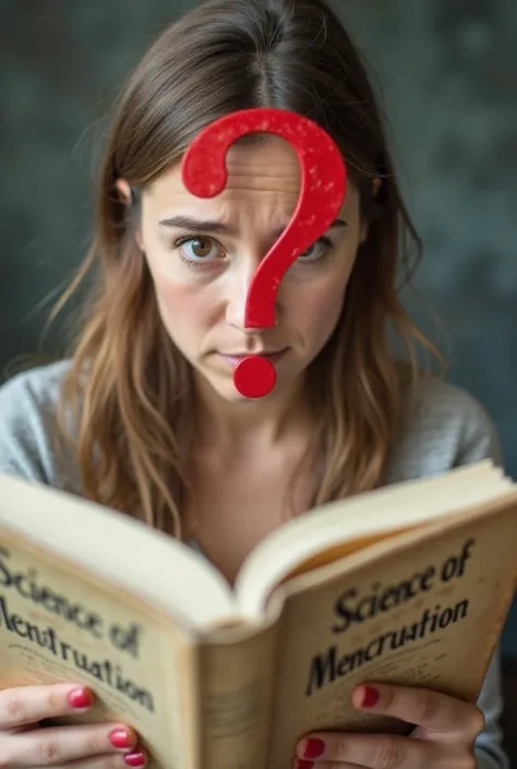 A confused woman looking at a biology book with the title ‘Science of Menstruation.’ Her eyebrows are raised, and a big red question mark appears over her head. The background is blurry, giving a sense of confusion."