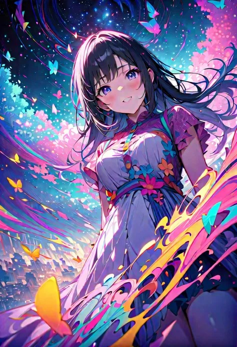 (masterpiece, Best Quality, official art:1.2), (colorful), perfect anatomy, and stare at the audience,one girl, alone, white black, floating colorful water, Ultra Precise Illustration,  High Details , Dynamic Angle,  beautiful detailed , 8k, 壊す smiling ami...