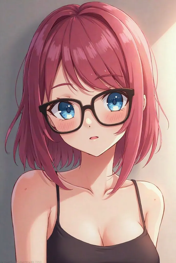 Anime girl, with creamy pale skin, shoulder-length magenta hair and blue eyes, a curvy, hourglass body and short stature, small freckles dotting my nose and cheeks, a mole on my jaw line, E cup breasts. Nipples pierced, septum, and both nostrils pierced. B...