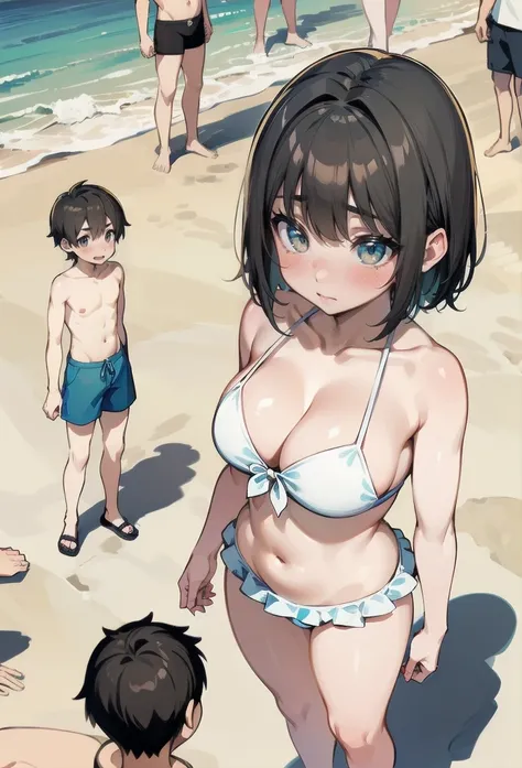 (cute males and females: 1.1), simple background, (macro size: 1.1), at beach, (multiple people: 1.2), (height difference: 1.2), (size difference: 1.1), cute, (trap femboy: 1.1), (cleavage)