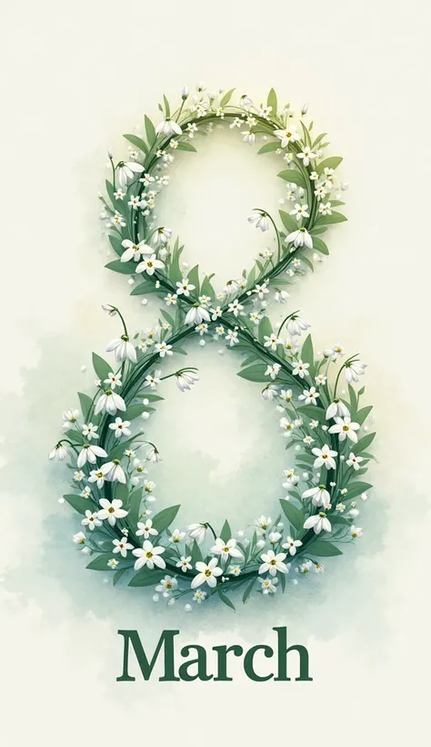 Illustration for March 8, large number 8 made of white snowdrops, with a neat, elegant inscription “March” at the bottom, gentle pastel colors, light watercolor, airy