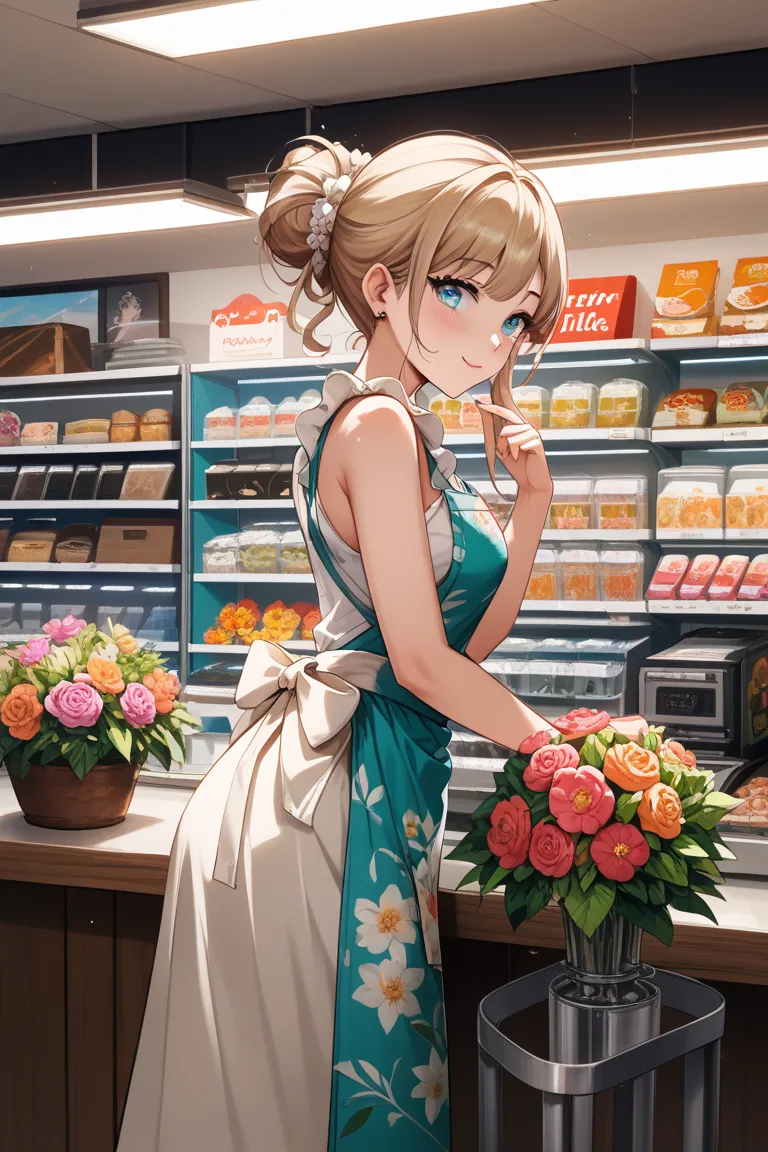 Generate anime-style images of a mother in her 20s who works at a flower shop