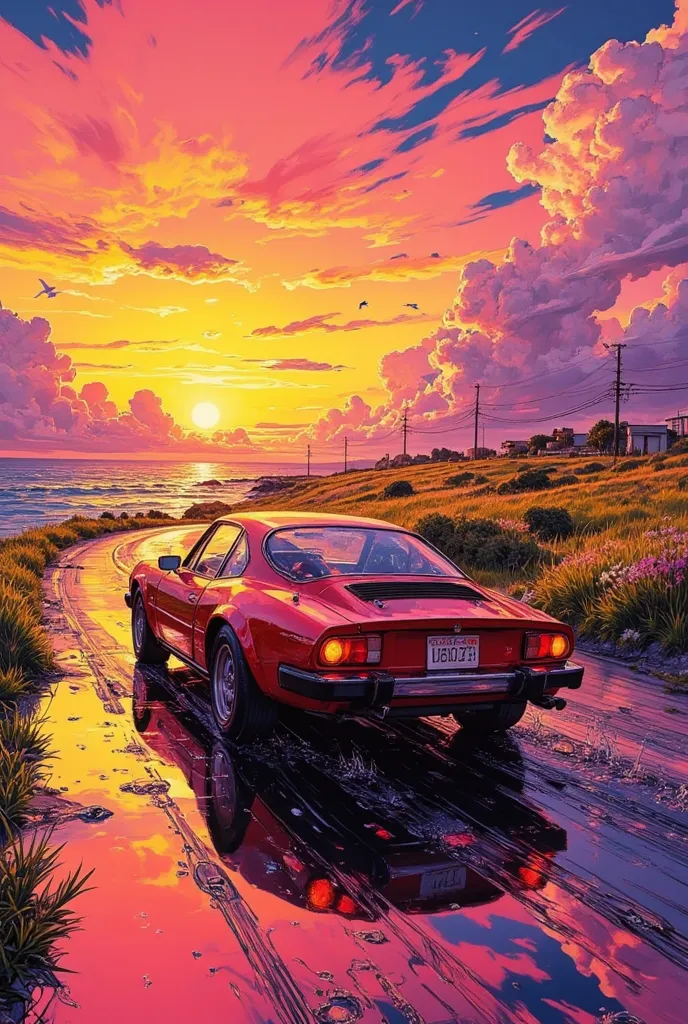  cars that run towards the sunset(racine forza)'s art, the road continues into the sunset,Emphasize perspective ,the part close to the sunset、the farther part spreads, the sunset is reflected on the ground or water surface(Path of Light)Make,waves that cle...