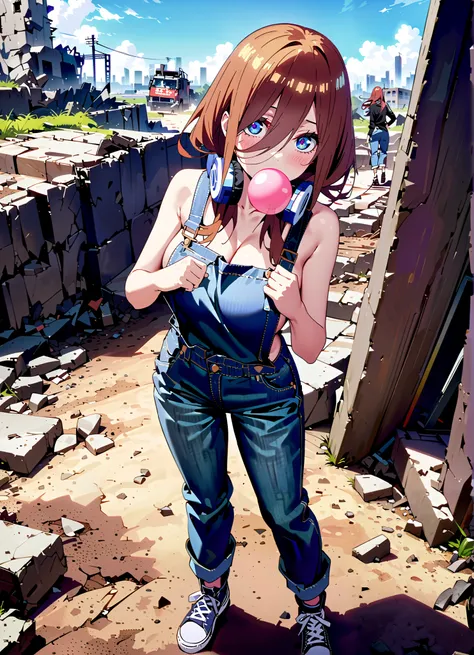  score_9,  score_8_up,  score_7_up,  source_anime, Nakano Future, long hair, bangs, blue eyes, brown hair,  o,  headphones ,  headphones  around neck, Big Breasts,sideboom,naked overalls, denim jeans,Sneakers,standing,Blowing bubble gum,rubble,full bodyがil...