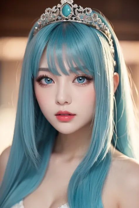 light blue hair, Turquoise Eye, long lashes, Big Red Lips, apricot eyes, beauty, Girly , Curly Hair, princess