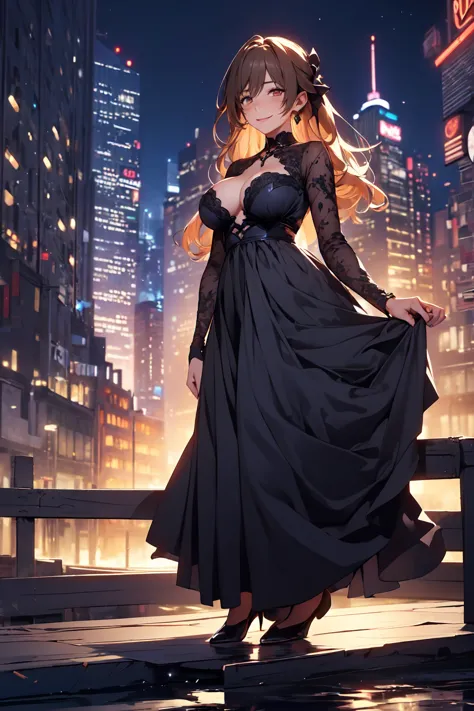 ( Masterpiece Master ) (create, Highest) resolution, Red Eyes, god々 dress,  city background, Playful ,full body staring at the viewer,big breasts,16k,Super Detail, DETAIL DESIGN  ,cinematic lighting,big breasts, it makes my eyes shine ,Super Detail, DETAIL...