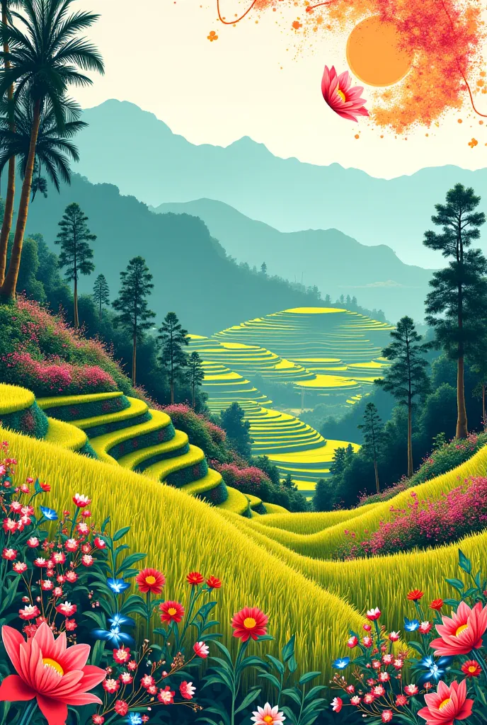 Focus on Rice Terrecess and the flowers also the textile and tatto for Painting that represent car region make it simple and easy like it was made by a beginner 