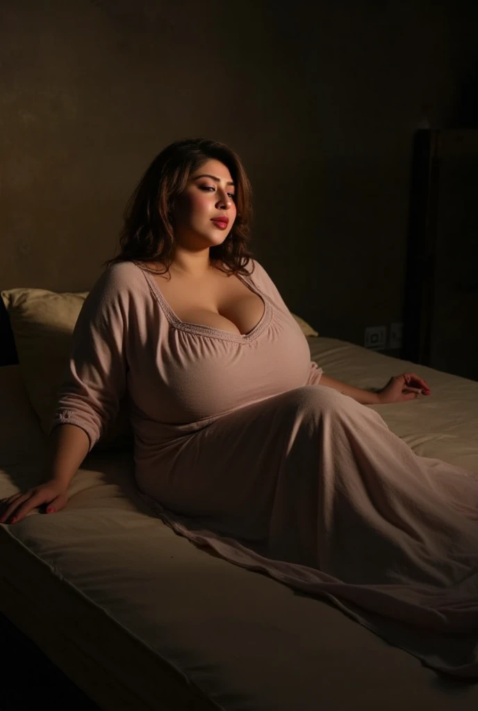 Pakistani hot medium plus size young  bhabhi with messy hairs , big busty huge breasts, horny aroused moaning face , laying in mattress, in deep sleep, eyes closed, legs spread, long cotton half sleeves nightgown, thighs visible, abandoned slum dark corner...