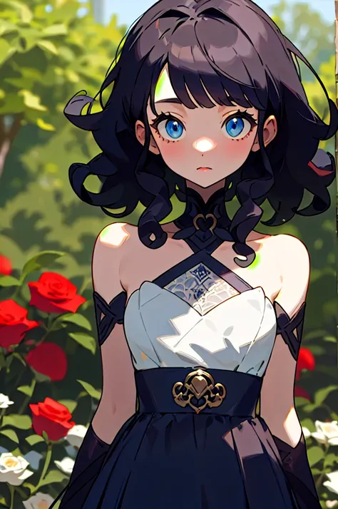 ten year old , blue eyes ,black curly hair, roses garden, bare shoulders, cute outfit