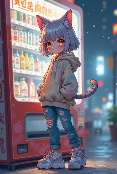 concept art, splash art, 1girl, cat kemonomimi girl, small and mischievous, bob-cut silver hair with twitching feline ears, deep golden cat eyes, oversized pastel hoodie with cat ear hood, ripped jeans, chunky sneakers, cute cat tail, wireless earbuds in e...