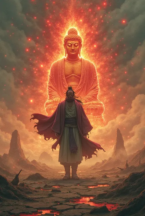 "Devastated field, cracked ground. Might Guy, Eight Open Gates, flaming red aura, burnt pele. He advances with Yagai.  Hashirama Senju , Wise way, green chakra, marks on the face, Invoke giant Wooden Buddha. Dust in the air, colossal impact. dramatic scene...