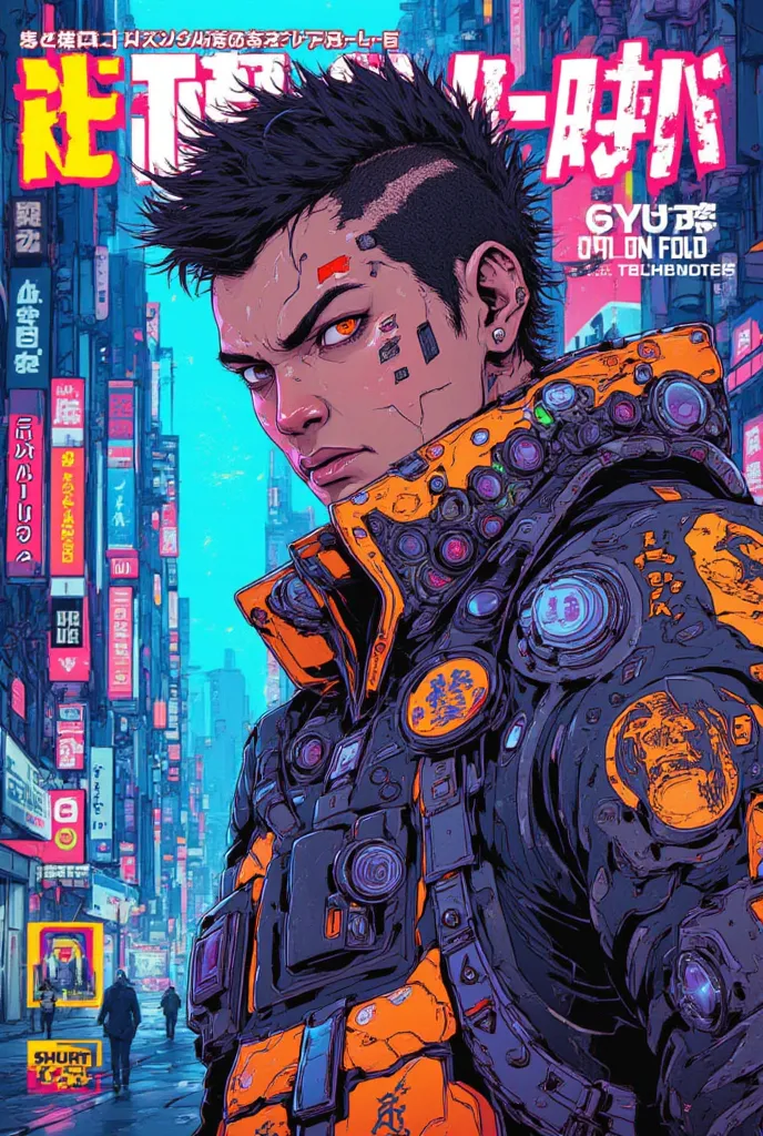 ((manga portada The revista illustration) The (Jason Momoa with Shorthair as a cyberpunk boy))), ((Japanese portada The revista)), (((wearing Thetailed cyberpunk Harajuku clothing))), ((  Japanese text  )), ((luces led)), (((extraño estilo The cabello cibe...