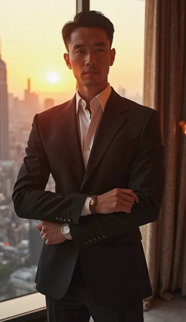  two-dimensional，front，high quality，8K Ultra HD， male， Dominant position ，  black suit ，  Fresh white shirt ， Open collar， Black Hair， Sharp chin， Sharp Eyes， Standing by a floor-to-ceiling window， City skyline under a golden sunset， Hold a pen ， Expensive...