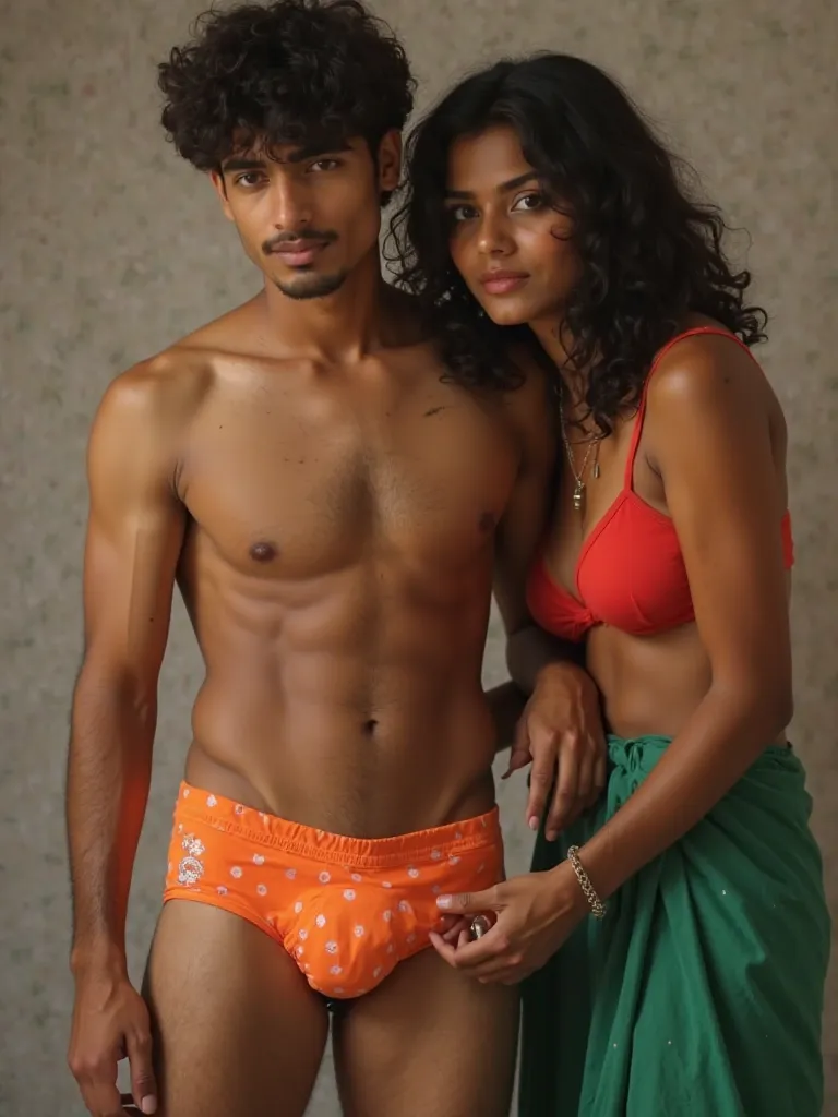 A 20 year old  young indian man. He is wearing his mothers panty. The panty is orange in colour. The panty has small small white floral dots in it. The panty has pined elastic design..big bulge inside panty. The man is wearing the panty. The man is hugging...