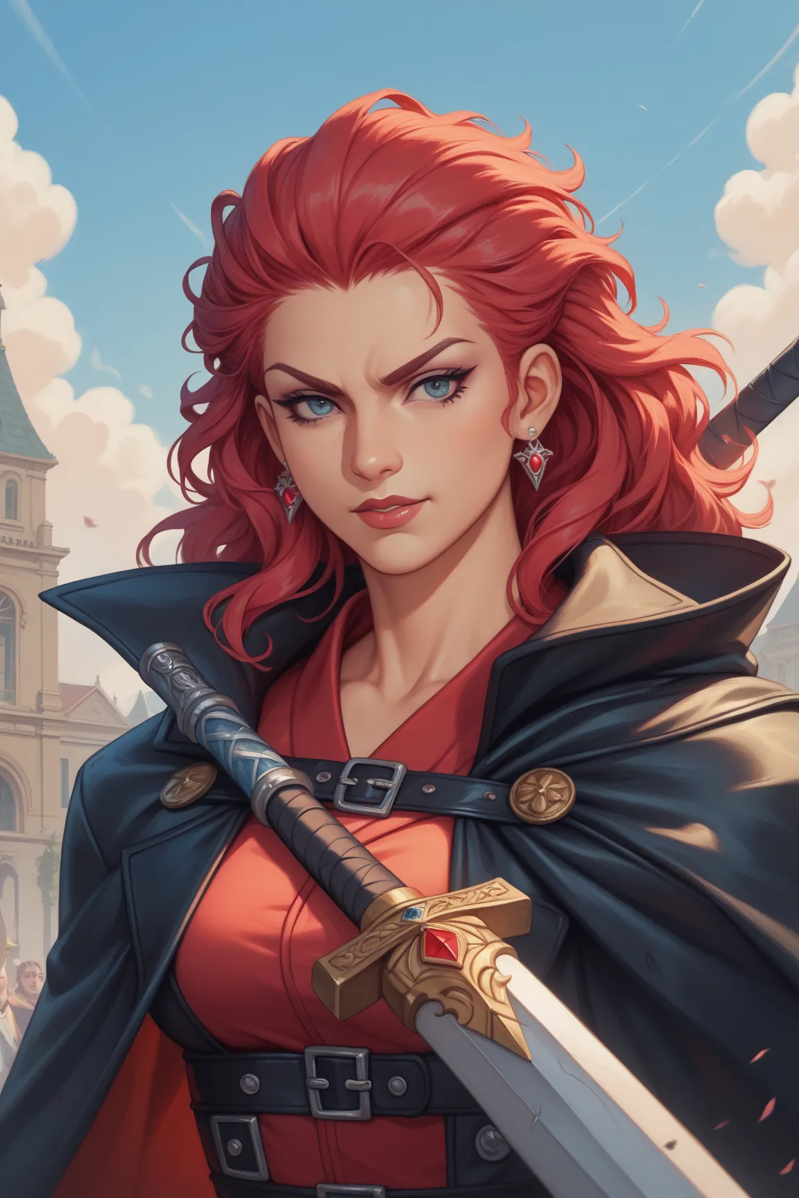 A fierce, crimson-haired warrior in black leather and a tattered cloak, wielding twin enchanted pistols. (Anime style)
Leads the Crimson Blades, believing the only way forward is to burn the system down and start over.
"Trust me or don’t. Just don’t get in...