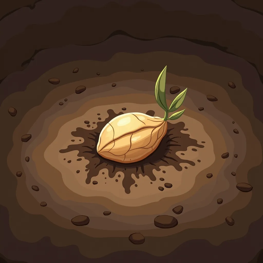 Cartoon image of a small seed, lying in the ground. Seed surrounded by soft soil, slightly textured, with shadows for volume. Background — brown gradient (Earth) and black (depth). The style is bright, ren&#39;s, with soft lines and light shadows.